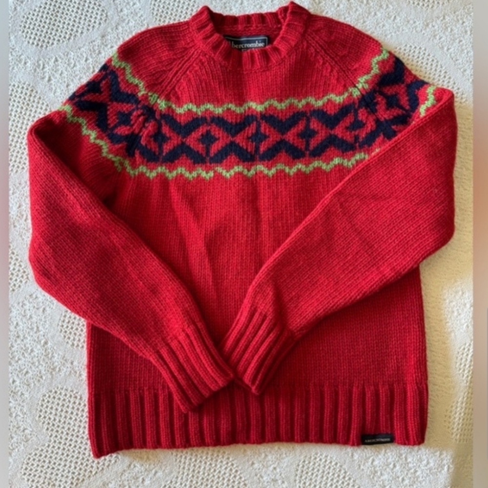 Vintage Abercrombie & Fitch Red Lambs Wool Sweater Y2K Winter Ski Fair Isle XL